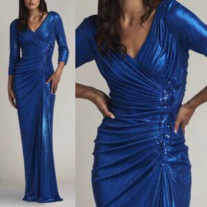 NWT TADASHI SHOJI VOLL DRAPED METALLIC JERSEY GOWN DRESS Pacific Blue BSJ24039L